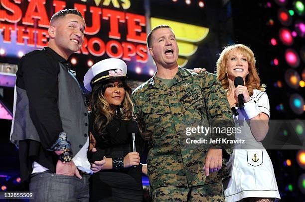 Personalities Mike "The Situation" Sorrentino and Nicole "Snooki" Polizzi, Staff Sargeant Mark Curreri and host Kathy Griffin speak onstage during...