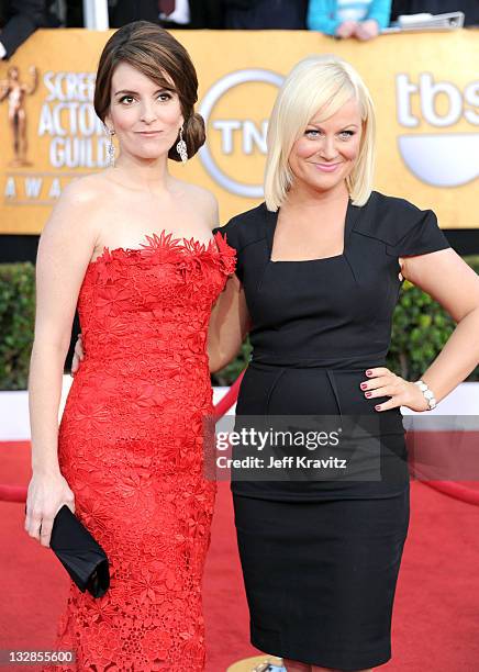 Actresses Tina Fey and Amy Poehler arrive at the 17th Annual Screen Actors Guild Awards held at The Shrine Auditorium on January 30, 2011 in Los...