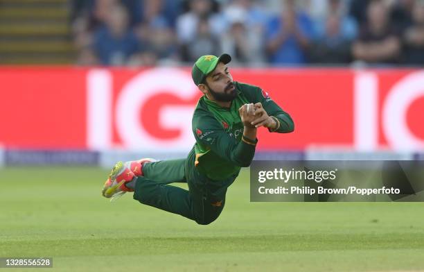 Shadab Khan of Pakistan catches Lewis Gregory of England during the 3rd One Day International between England and Pakistan at Edgbaston on July 13,...