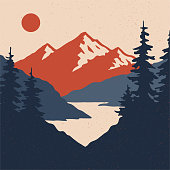 Vintage mountain landscape with sun, mountains and forest.
