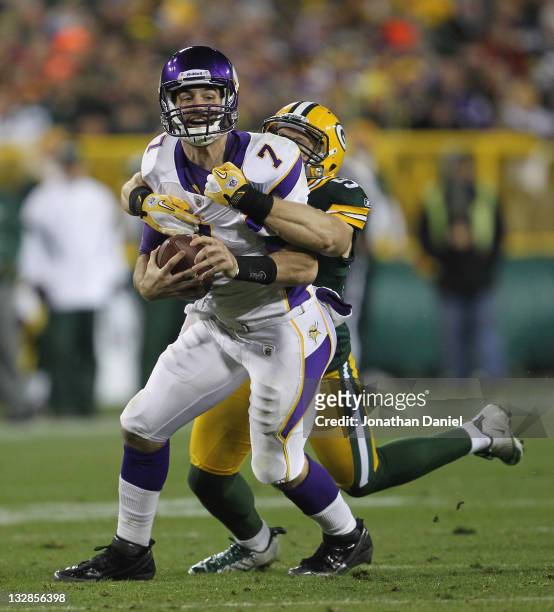 Clay Matthews of the Green Bay Packers sacks Christian Ponder of the Minnesota Vikings at Lambeau Field on November 14, 2011 in Green Bay, Wisconsin....