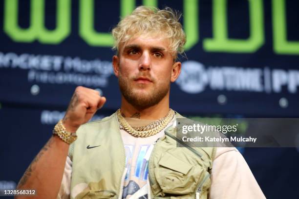 Jake Paul poses for media during a press conference before his cruiserweight fight against Tyron Woodley at The Novo by Microsoft at L.A. Live on...