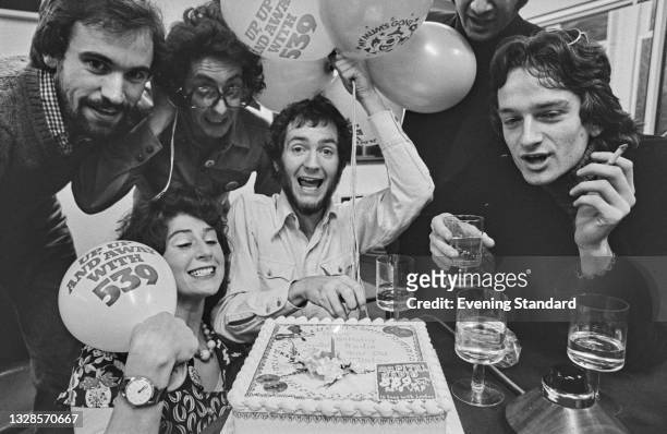 British comedian and disc jockey Kenny Everett with Maggie Norden , Robin Houston , Dave Cash , Tony Myatt and Simon Booker , during the first...
