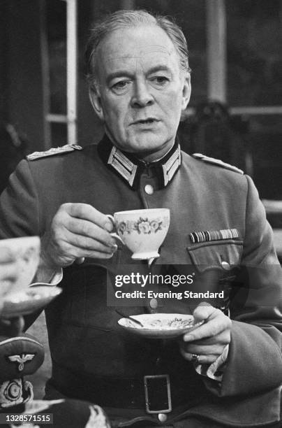 English actor Tony Britton plays Colonel von Schmettau of the German army in the play 'The Dame of Sark' by William Douglas Home, at Wyndham's...