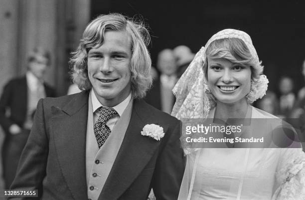 British model and actress Suzy Miller marries British racing driver James Hunt at Brompton Oratory in London, UK, 18th October 1974.