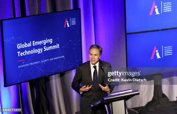 Secretary of State Antony Blinken delivers remarks at the National Security Commission on Artificial Intelligence Global Emerging Technology Summit...