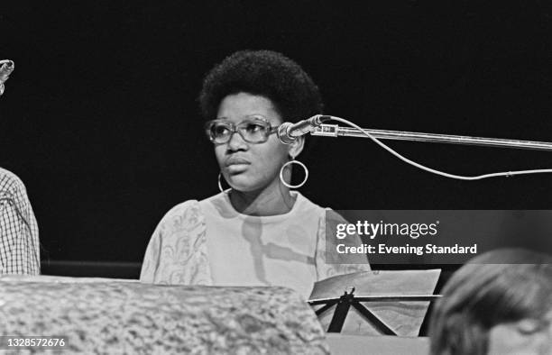 British singer Carol Kenyon in concert with the National Youth Jazz Orchestra , UK, 18th November 1974.