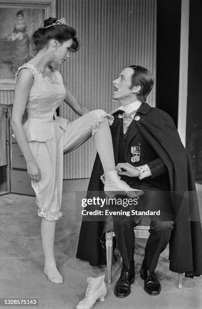 English actors Madeline Smith and Peter Eyre star in the play 'The Snob' by Carl Sternheim at the Open Space Theatre in London, UK, 30th December...