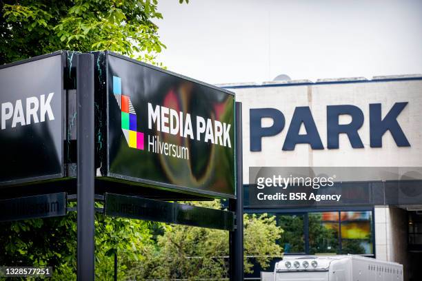 General exterior view of the television studios at the Media Park on July 13, 2021 in Hilversum, Netherlands. Unknown individuals threatened to...