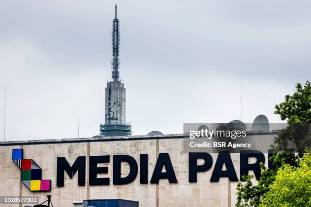 General exterior view of the television studios at the Media Park on July 13, 2021 in Hilversum, Netherlands. Unknown individuals threatened to...
