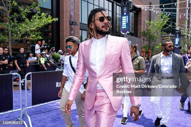 National League All-Star Fernando Tatis Jr. #23 of the San Diego Padres attends the MLB All-Star Red Carpet Show on July 13, 2021 in downtown Denver,...