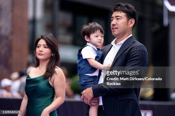 American League All-Star Yusei Kikuchi of the Seattle Mariners and guests attend the MLB All-Star Red Carpet Show on July 13, 2021 in downtown...