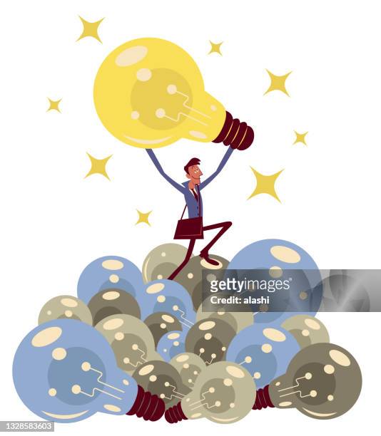 stockillustraties, clipart, cartoons en iconen met to find the right business idea when starting a business, a businessman finding a big idea and eliminating a heap of outdated ideas (light bulbs) - uitvinder