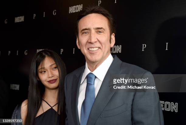 Riko Shibata and Nicolas Cage attend the Neon Premiere of "PIG" on July 13, 2021 in Los Angeles, California.