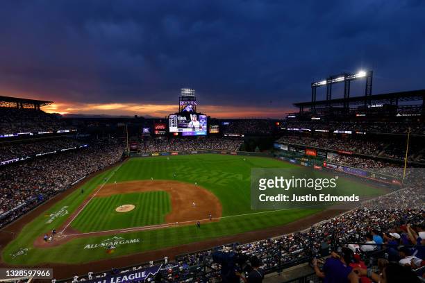 General view as the sun sets during the 91st MLB All-Star Game at Coors Field on July 13, 2021 in Denver, Colorado.