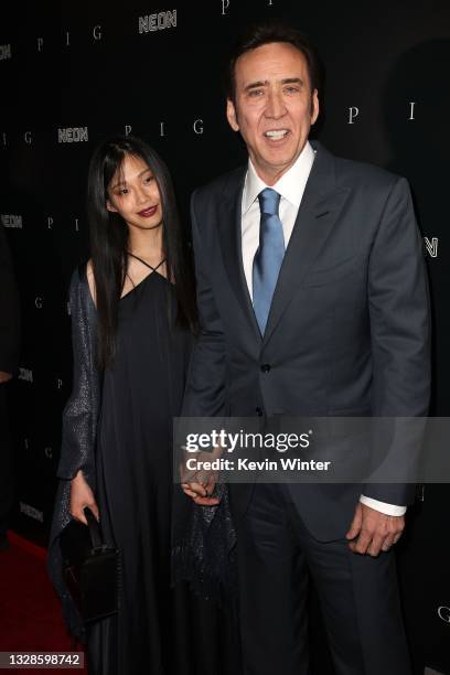 Riko Shibata and Nicolas Cage attend the Los Angeles premiere of Neon's "Pig" at Nuart Theatre on July 13, 2021 in West Los Angeles, California.