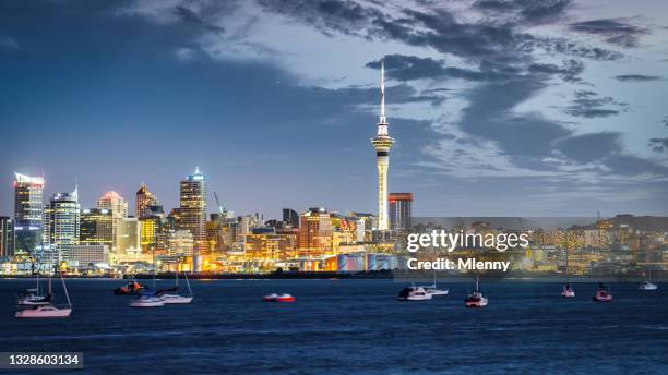 auckland skyline panorama new zealand auckland sky tower cityscape twilight - auckland skyline stock pictures, royalty-free photos & images