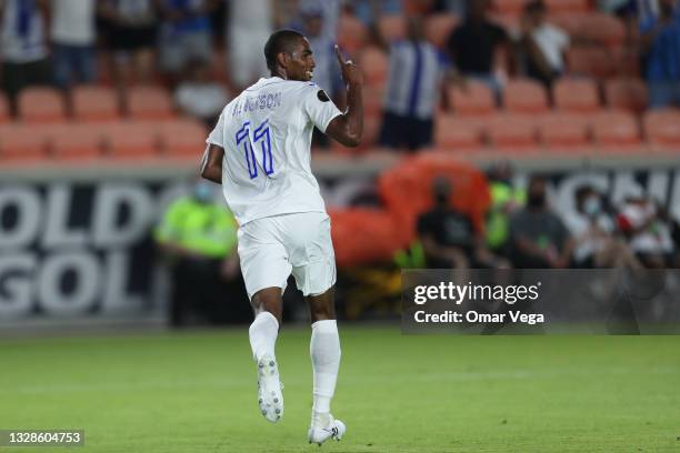 Jerry Bengtson of Honduras celebrates after scoring the first goal during a Group D match between Honduras and Grenada as part of the 2021 CONCACAF...