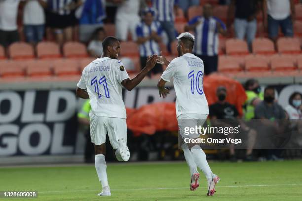 Jerry Bengtson of Honduras celebrates with his teammate Alexander Lopez after scoring 1st goal during a Group D match between Honduras and Grenada as...