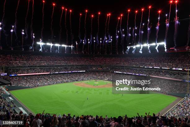 Fireworks go off at the last out of the 91st MLB All-Star Game at Coors Field on July 13, 2021 in Denver, Colorado. The American League defeated the...