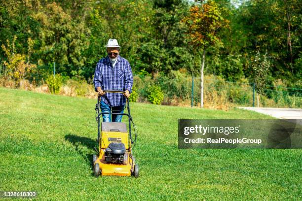 hombre maduro de buen humor corta la hierba con cortacésped en el jardín. - cortacésped manual fotografías e imágenes de stock