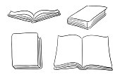 Set of hand-drawn hardcover books: open book with pages, closed book
