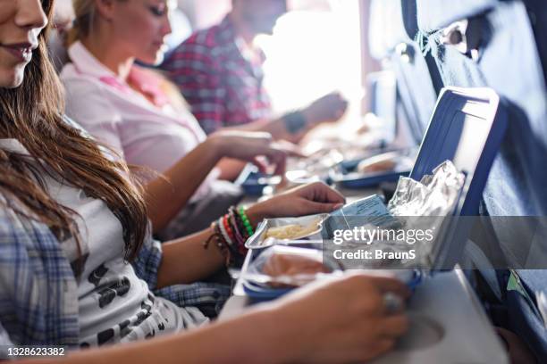 meal in the airplane! - airplane tray stock pictures, royalty-free photos & images