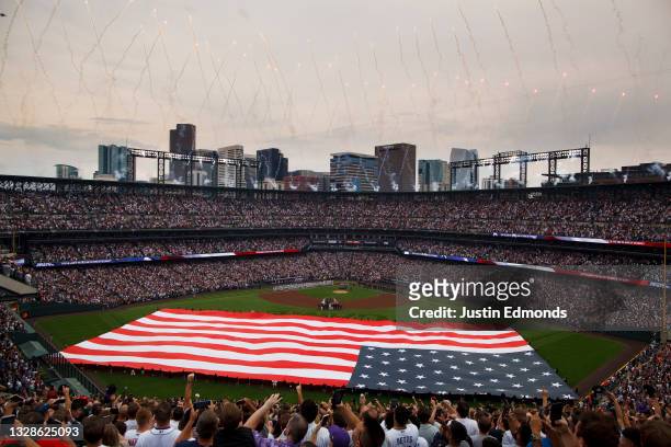 General view of the stadium as the National Anthem is played prior to the 91st MLB All-Star Game at Coors Field on July 13, 2021 in Denver, Colorado.