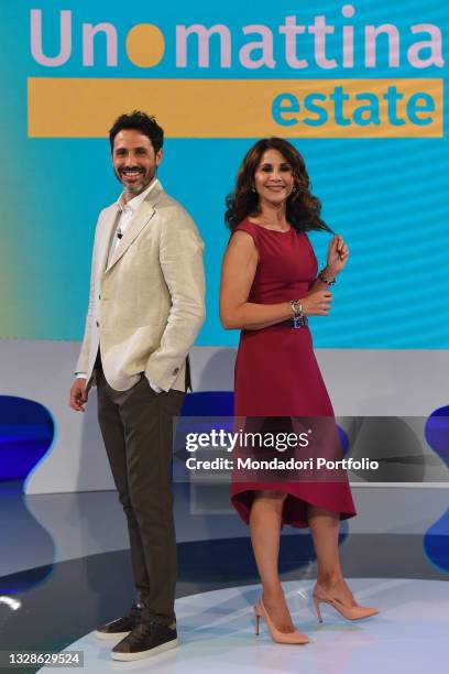 The Italian host Giammarco Sicuro and the Italian host Barbara Capponi during the broadcast Uno Mattina Estate at the Rai Saxa Rubra Studios. Rome ,...