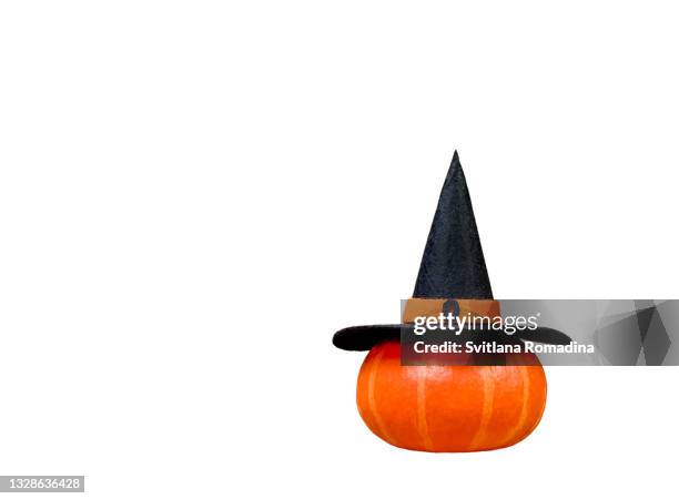 halloween pumpkin with witch hat isolated on white background - witch hat stock pictures, royalty-free photos & images