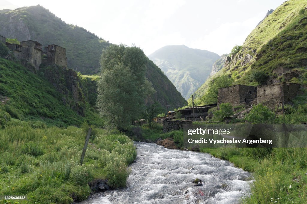 Argun River in Shatili village, Caucasus Mountains, Georgia
