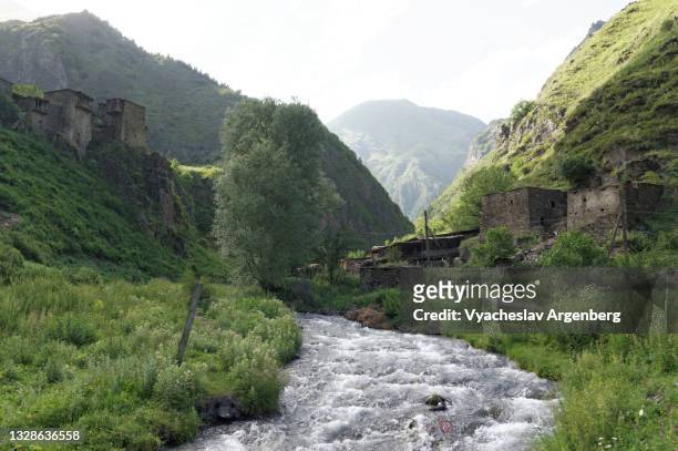 argun river in shatili village, caucasus mountains, georgia - argenberg stock pictures, royalty-free photos & images