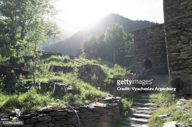 summer in shatili, sunny weather in the caucasus mountains, georgia - argenberg stock pictures, royalty-free photos & images