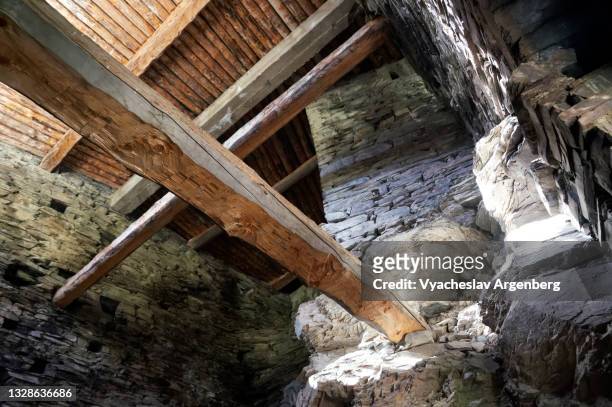 interior of shatili stone tower, khevsureti, georgia - argenberg stock pictures, royalty-free photos & images