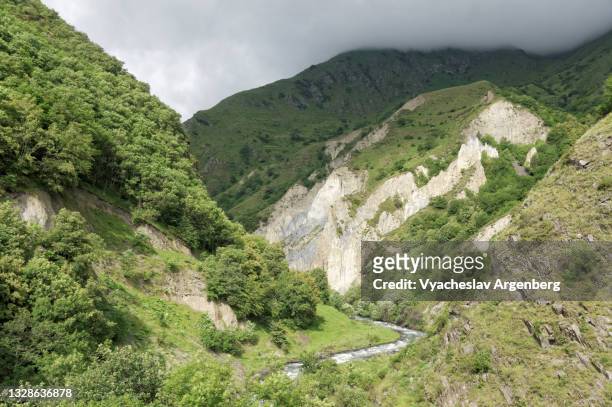 argun river valley with rock formations on the russia/georgia border - argenberg stock pictures, royalty-free photos & images