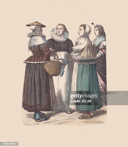 bildbanksillustrationer, clip art samt tecknat material och ikoner med 17th century, dutch and belgian costumes, hand-colored woodcut, published c.1880 - belgisk kultur