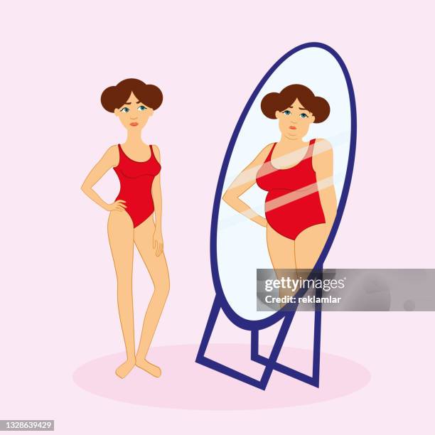 symbol für magersucht psychische störung oder psychische frustration, schlanke frau, die in den spiegel schaut und dicke frau sieht, vektorillustration isoliert auf rosa hintergrund. konzept einer jungen frau, die an magersucht leidet und in den spiegel - schlank stock-grafiken, -clipart, -cartoons und -symbole
