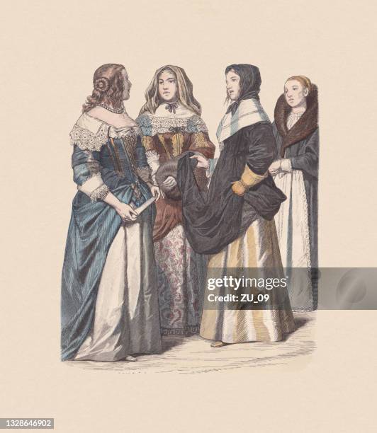 17th century, english and french costumes, hand-colored woodcut, published c.1880 - dieppe france stock illustrations