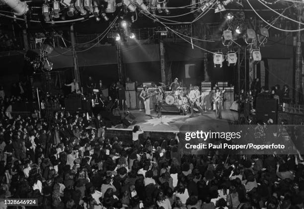 From left, Mick Taylor, Mick Jagger, Charlie Watts, Keith Richards and Bill Wyman of English rock group The Rolling Stones perform live on stage at...