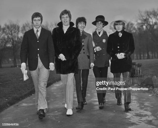 English rock group The Rolling Stones arriving to take part in a press conference in Green Park, London on 11th January 1967. The band are due to fly...