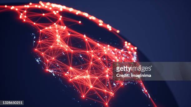 abstract world map with glowing networks - usa (world map courtesy of nasa) - telecommunications imagens e fotografias de stock