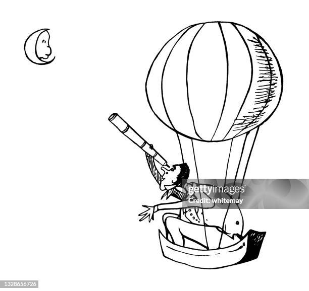 man with a telescope studying the moon from a hot-air balloon basket - edward lear stock illustrations