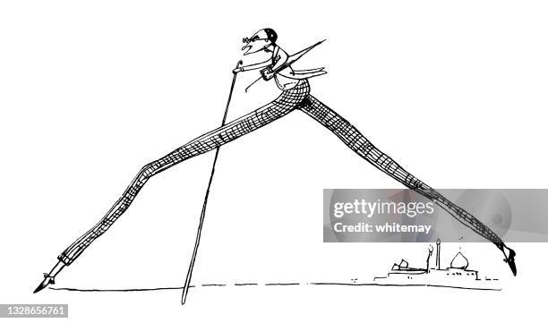 man with exceptionally long legs and a tall walking cane - bizarre stock illustrations