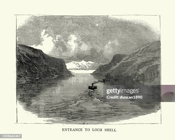 entrance to loch shell, outer hebrides, victorian 19th century - outer hebrides stock illustrations