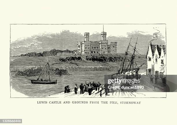 lewis castle from the pier, stornoway, lewis, outer hebrides, victorian 19th century - outer hebrides stock illustrations