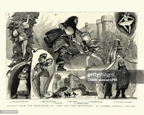 pantomime jack and the beanstalk, covent garden theatre, victorian 19th century - jacke stock illustrations