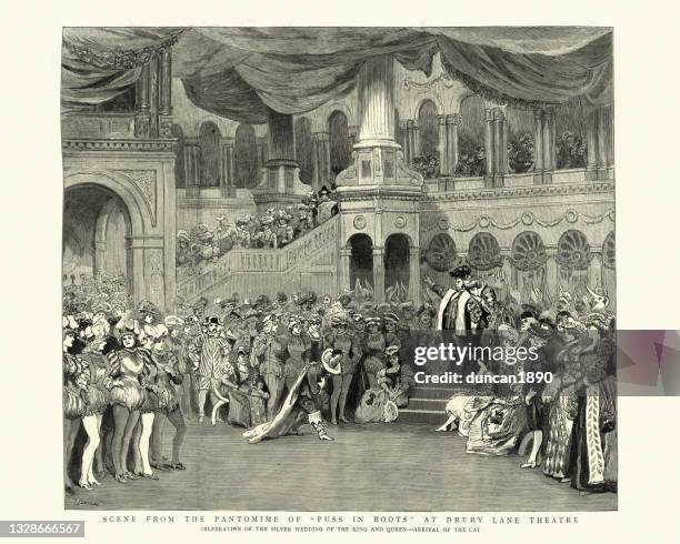 stockillustraties, clipart, cartoons en iconen met pantomime puss in boats, drury lane theatre, victorian 19th century - theaterindustrie