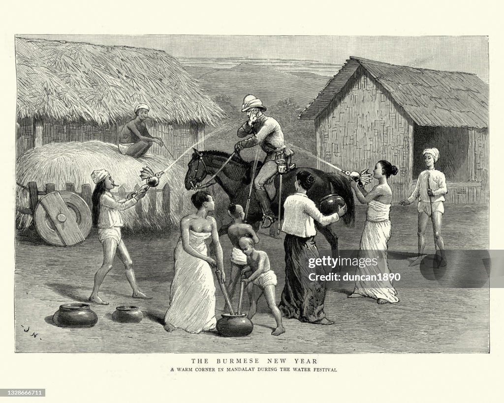 Water festival in Mandalay, Squirting water at British soldier, 19th Century
