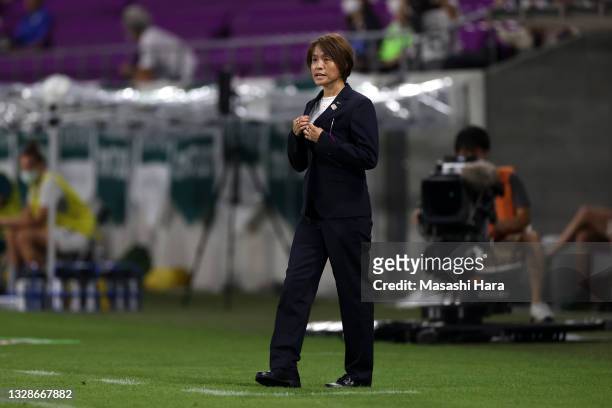 Head coach Asako Takakura of Japan is seen during the women's international friendly match between Japan and Australia at Sanga Stadium by Kyocera on...