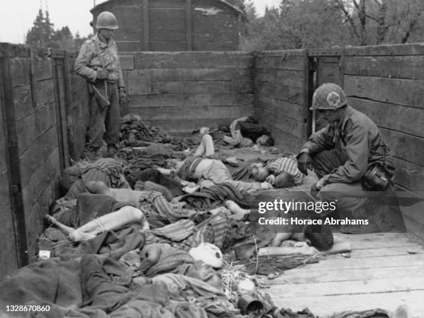 Soldier and medic of the 45th Infantry Division of the United States Seventh Army examine the emaciated bodies of the dead lie piled up inside a...